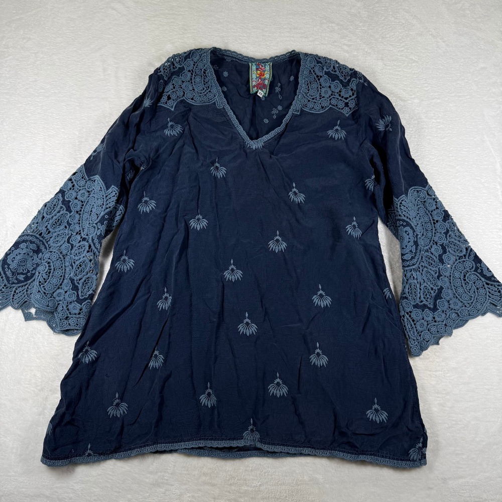 Johnny Was Navy Blue Embroidered Lace Trim Cupra Rayon Tunic Top XS C15716-8